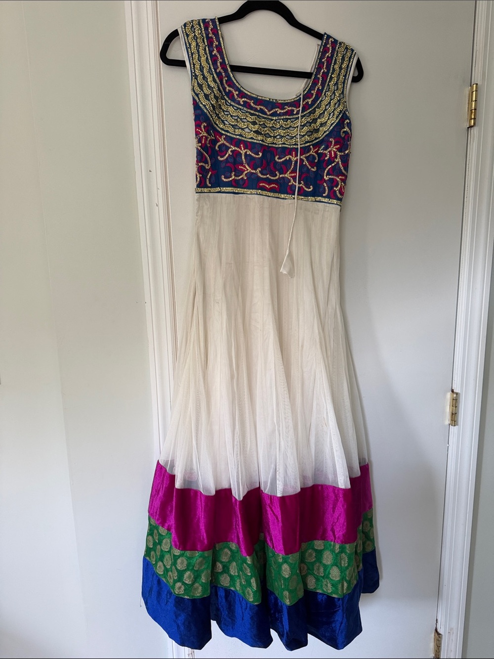 Embroidered Ivory Anarkali Suit with Pink, Green & Blue